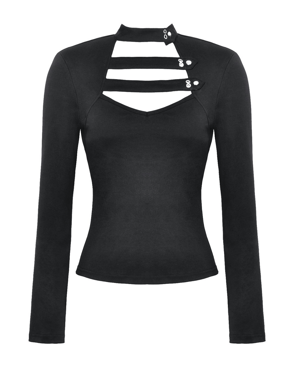 Gothic long-sleeved top featuring cutout design and button details for a chic alternative style.