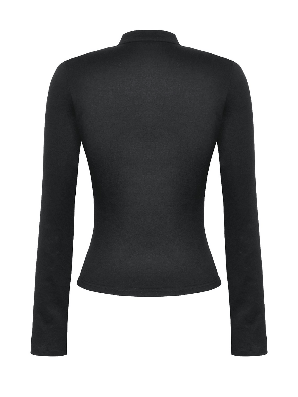 Back view of a black long-sleeved gothic top with a slim fit and stylish cut, perfect for alternative fashion.