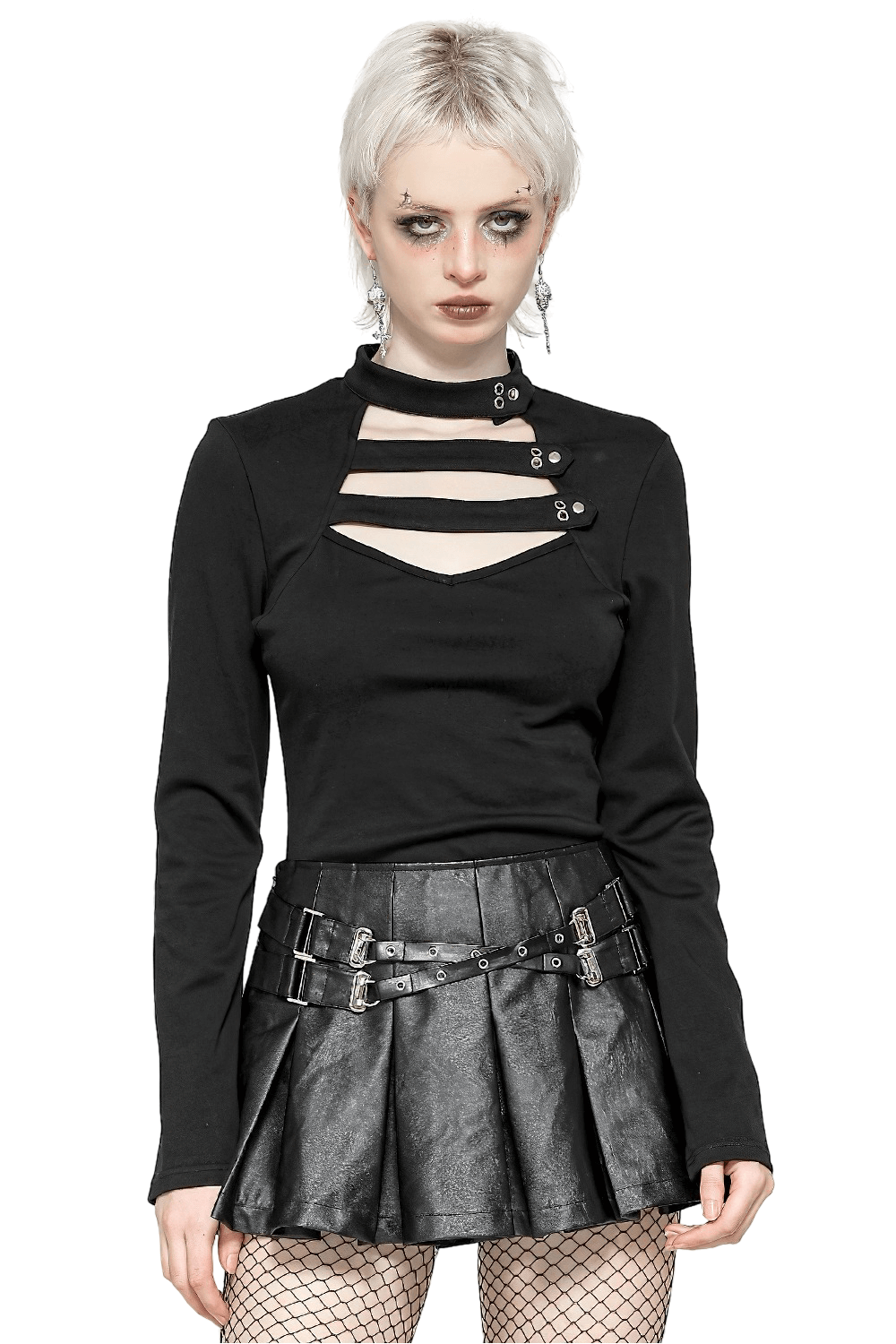 Gothic long sleeve top with neck cutout and button details, paired with a stylish leather skirt.