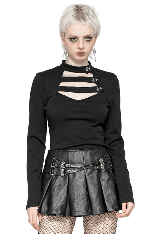 Langärmliges Gothic-Top mit Halsausschnitt und Knopfdetails