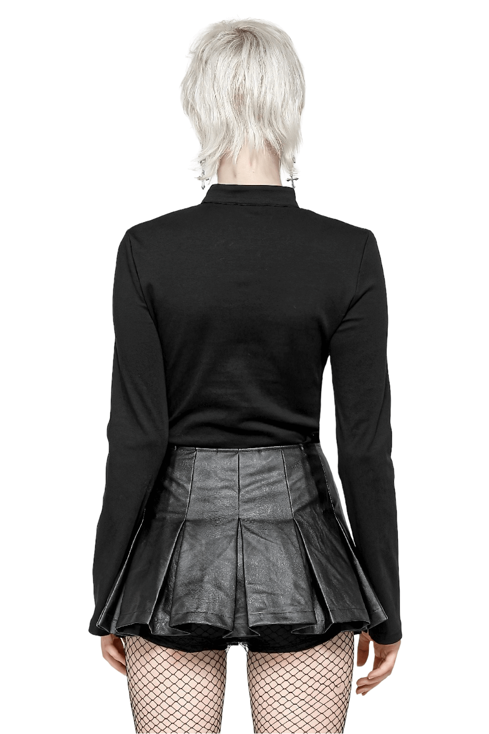 Back view of a model wearing a black long-sleeved Gothic top with a leather skirt, showcasing edgy style.