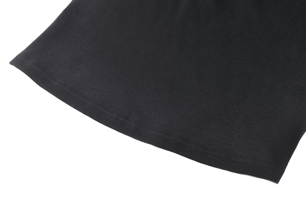 Close-up of the hem of a black gothic long-sleeve top showcasing a sleek finish and stylish design.