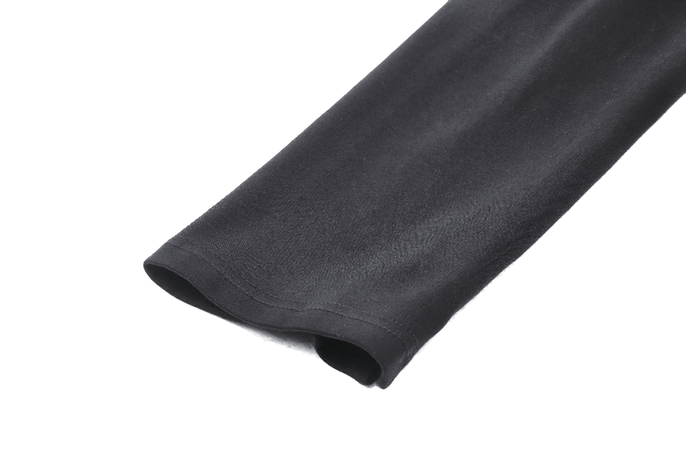 Close-up of the sleeve of a black gothic long-sleeve top showcasing its smooth fabric and modern design.