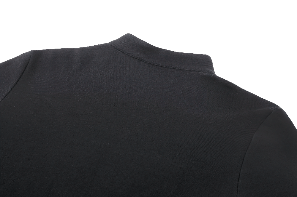 Close-up of the back neckline of a black gothic long-sleeved top with cutout details.