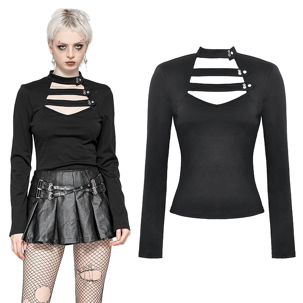 Gothic long-sleeve top with neck cutout and button details, perfect for an edgy alternative outfit.