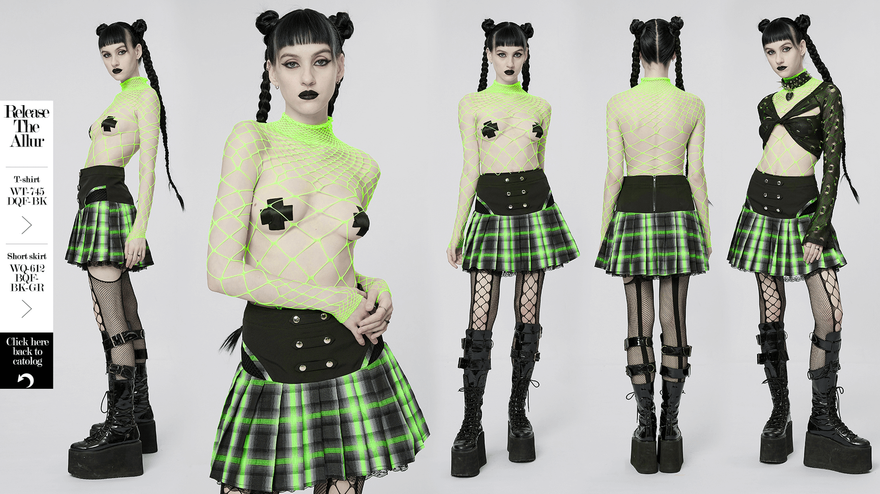 Model showcasing a neon green mesh bodysuit with edgy long sleeves, styled with a plaid skirt and knee-high boots.