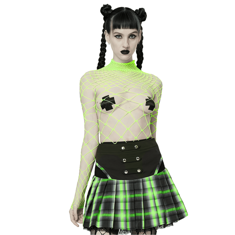 Model wearing a neon green mesh bodysuit with a daring design, paired with a black plaid skirt for an edgy punk look.