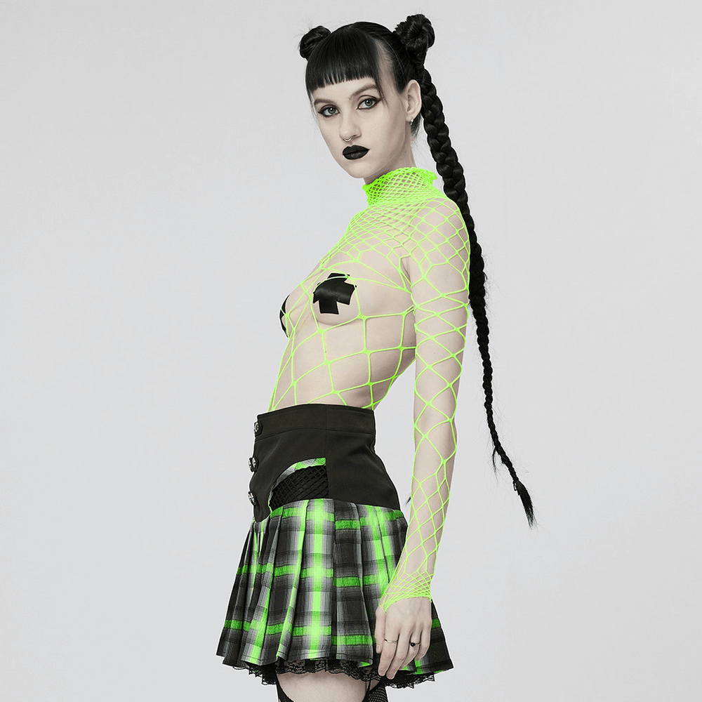 Edgy Neon Green Mesh Bodysuit worn with a plaid skirt, showcasing bold punk fashion style.
