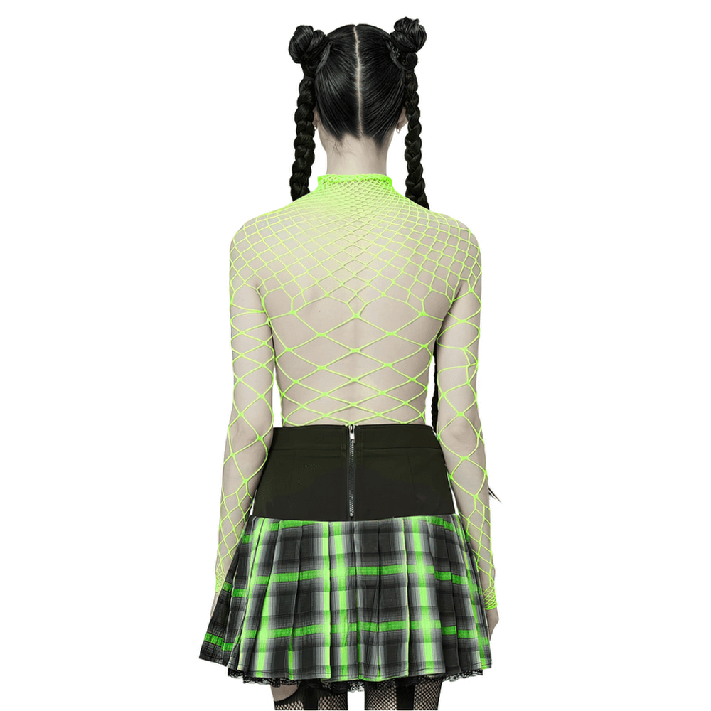 Back view of a model in a neon green mesh bodysuit paired with a black plaid skirt, showcasing edgy fashion.