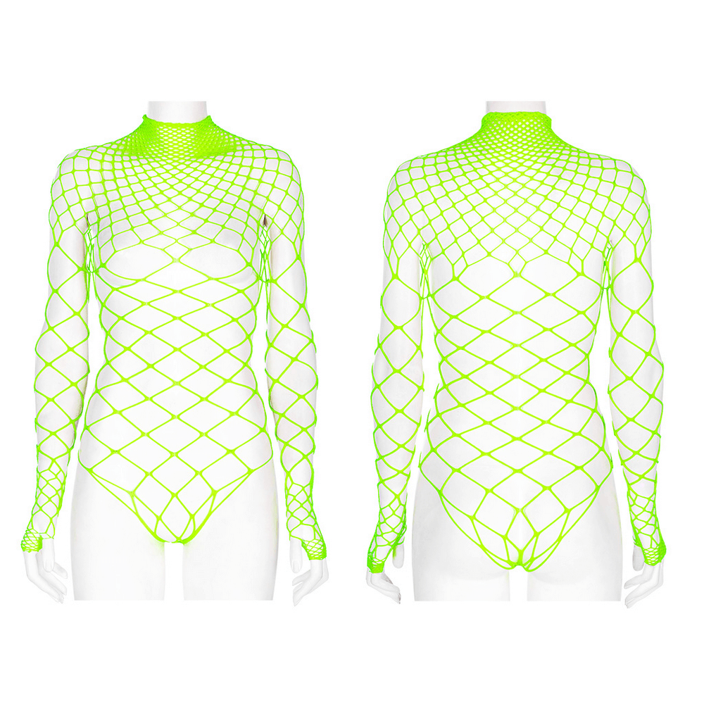 Neon green mesh bodysuit featuring a daring long-sleeve design and soft diamond mesh fabric, perfect for edgy style.