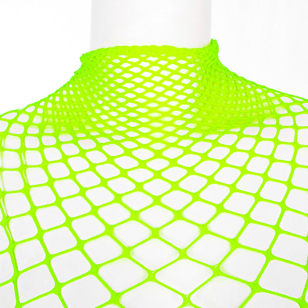 Close-up of a neon green mesh bodysuit neck detail, showcasing its daring and edgy design with intricate diamond mesh fabric.