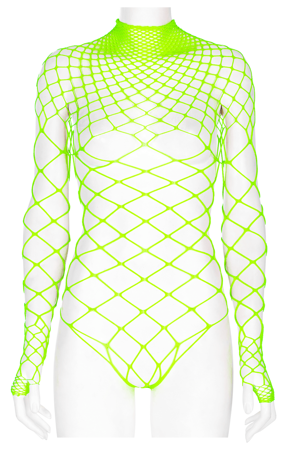 Neon green long sleeve mesh bodysuit featuring edgy fishnet design, perfect for bold fashionistas.