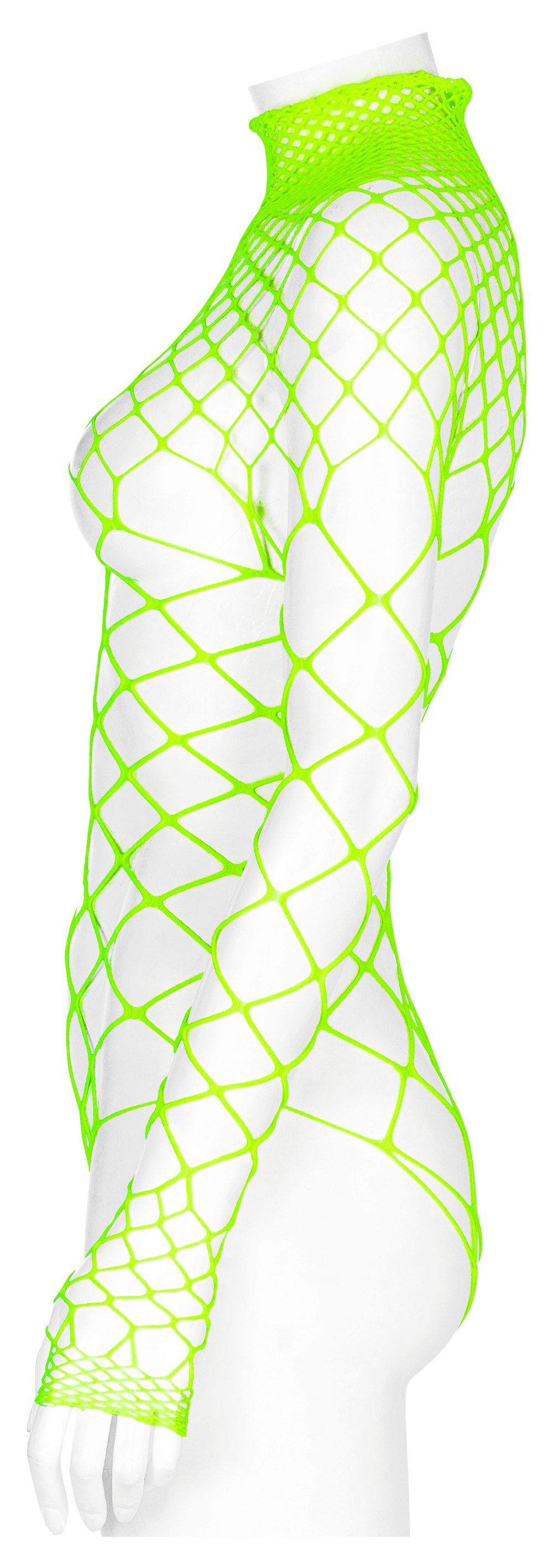 Neon green mesh bodysuit with long sleeves, showcasing an edgy style and bold design, perfect for fashion-forward looks.