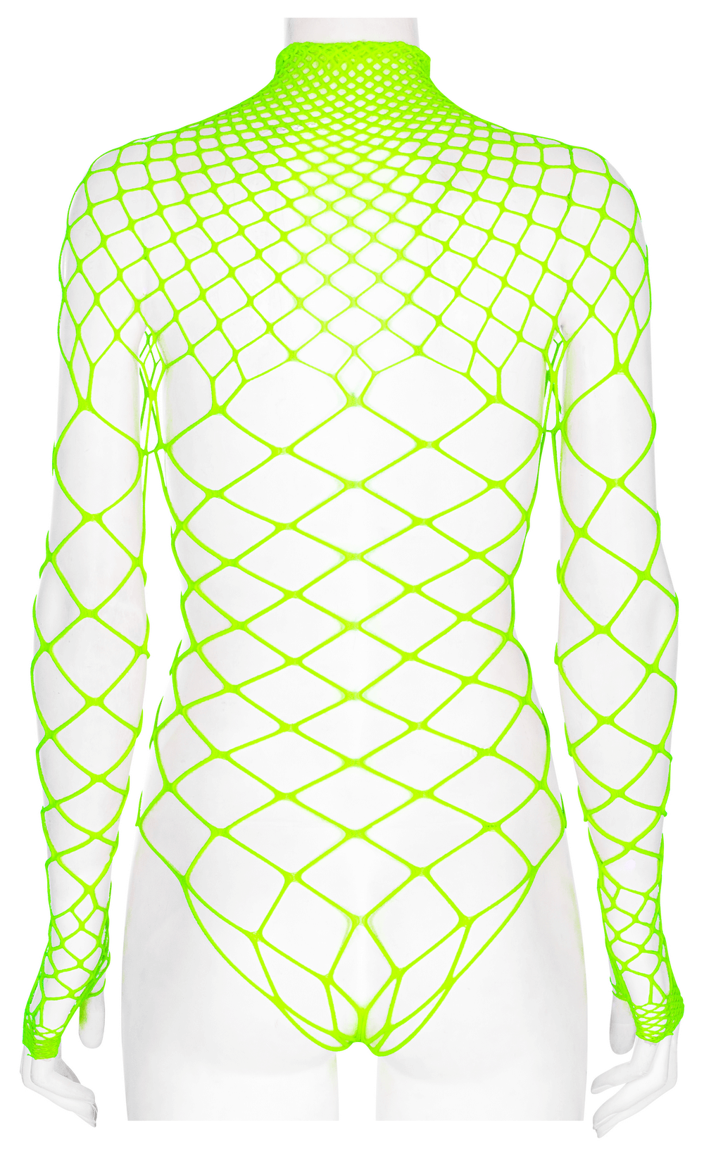 Back view of a neon green mesh bodysuit with a long sleeve design, showcasing daring fishnet patterns and a flattering fit.