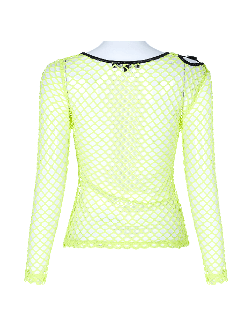 Back view of a neon green mesh long sleeve fishnet top with punk details and edgy shoulder hardware.