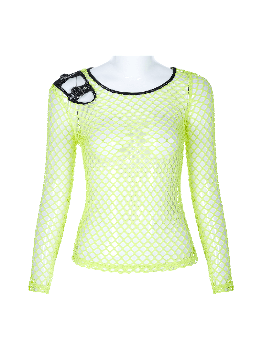 Neon green fishnet long sleeve top with punk shoulder hardware, perfect for edgy streetwear styles.