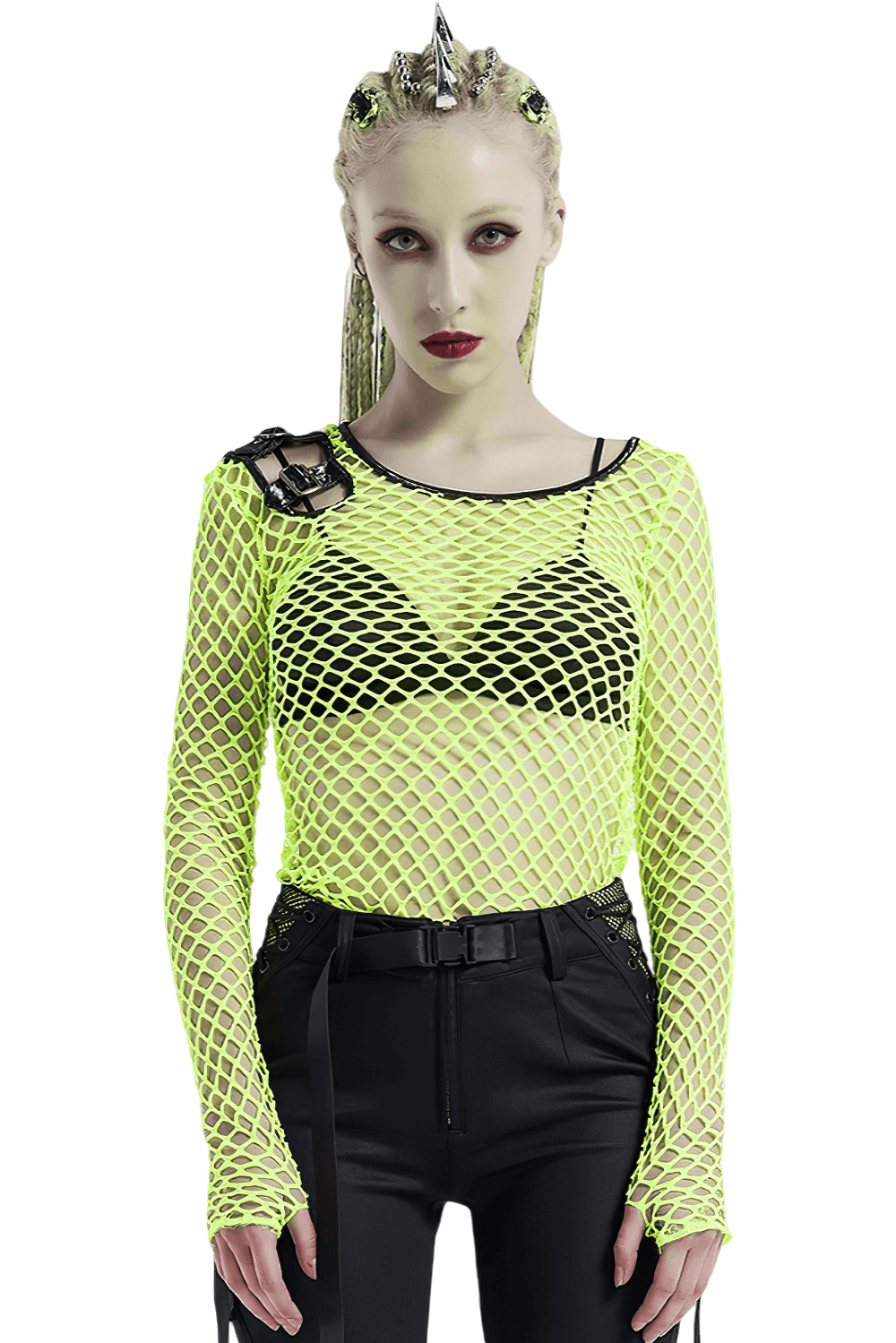 Neon green long sleeve fishnet top with punk details, fitted silhouette, and edgy shoulder hardware.