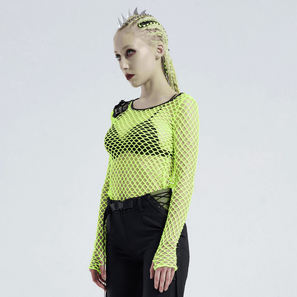 Neon green mesh long sleeve fishnet top with punk details, perfect for edgy streetwear fashion.