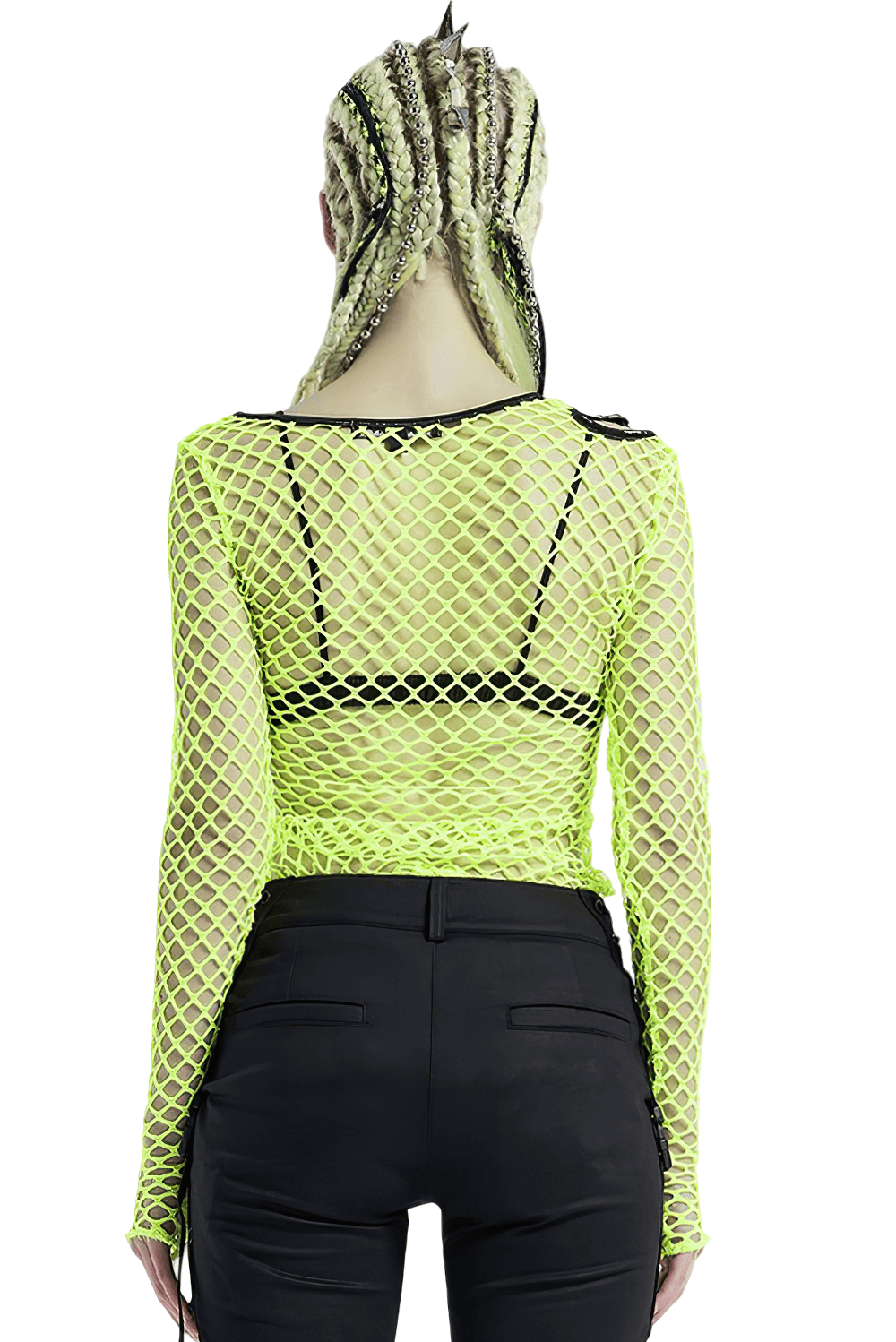 Neon green long sleeve fishnet top with punk details, showcasing a bold and edgy design from the back.