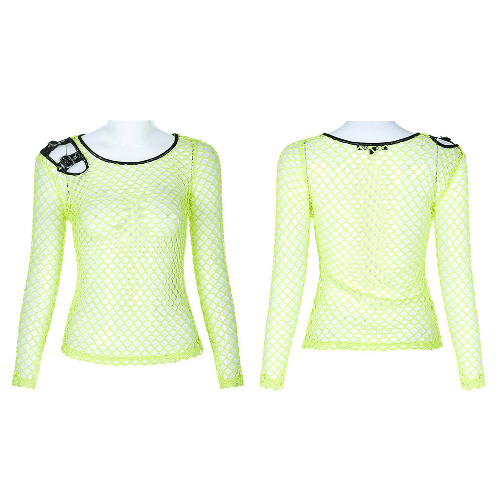 Neon green fishnet long sleeve top with punk shoulder hardware details, perfect for edgy streetwear.