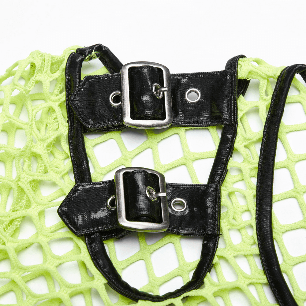 Close-up of neon green fishnet top with edgy black buckle details for punk-inspired fashion.