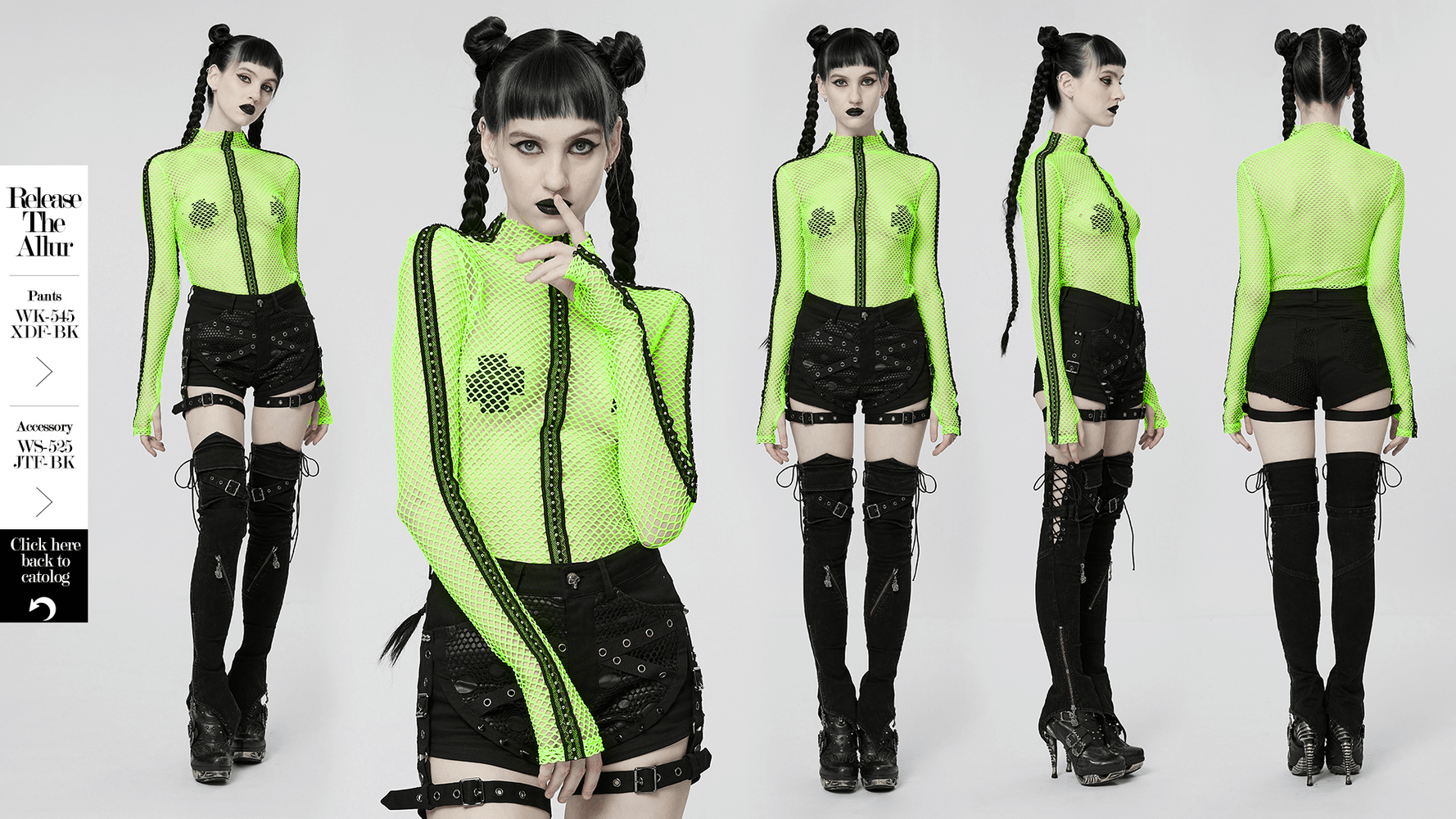 Neon-green gothic mesh top with long sleeves, paired with black shorts and accessories, perfect for punk streetwear style.