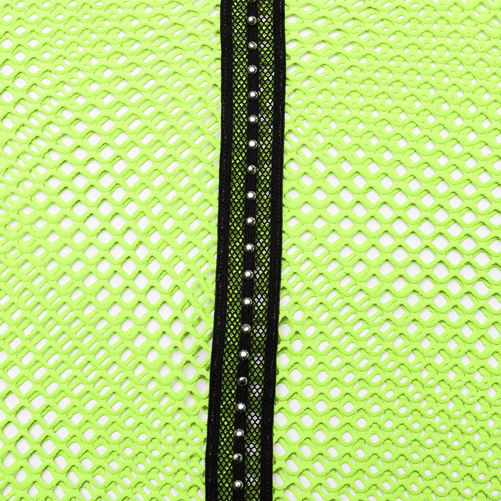 Close-up of neon-green openwork mesh fabric with black trim and studded detailing, perfect for gothic style.
