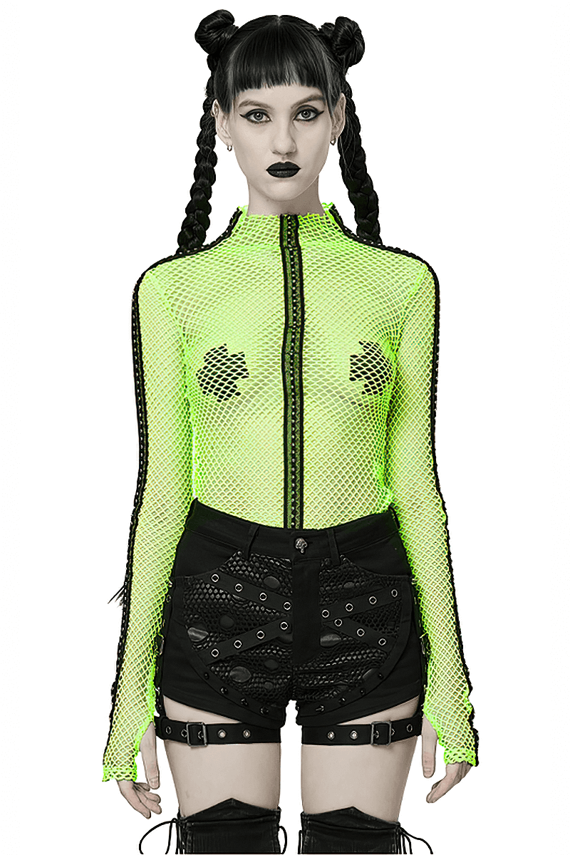 Neon-green gothic fishnet top with long sleeves, paired with edgy black shorts for punk streetwear style.