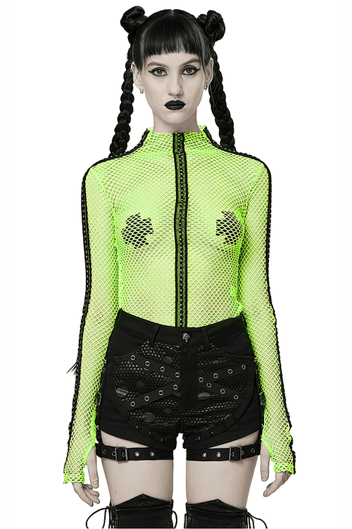 Top ajouré vert fluo à manches longues de style gothique