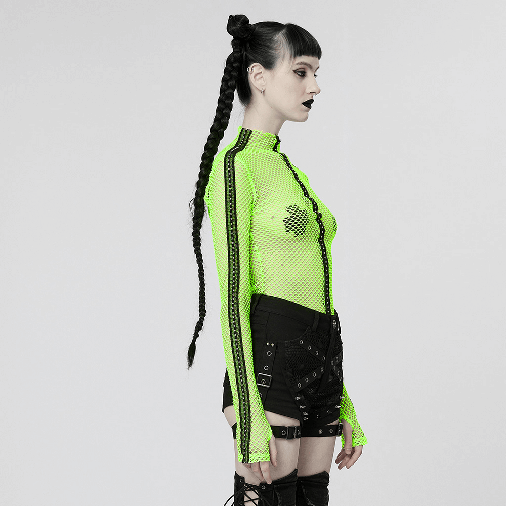 Neon-Green Openwork Top with Long Sleeves in Gothic Style - HARD'N'HEAVY