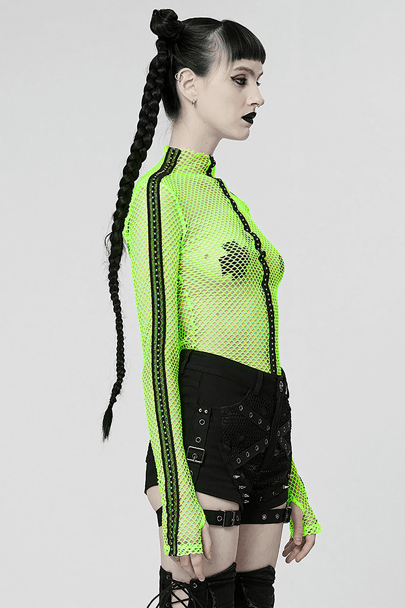 Neon-green mesh high-neck crop top in gothic style with long sleeves, styled with punk black shorts.