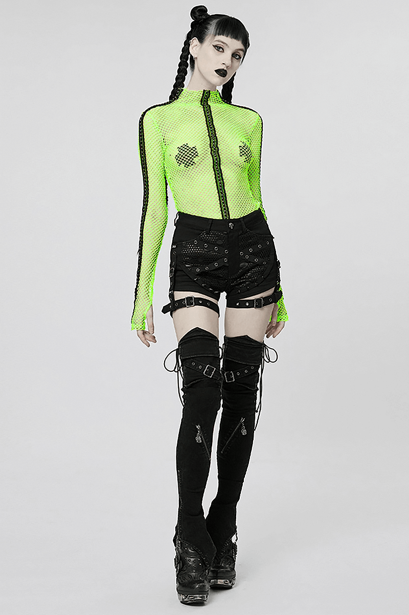 Neon-green gothic mesh long-sleeve top paired with black shorts and over-the-knee boots, showcasing edgy punk style.