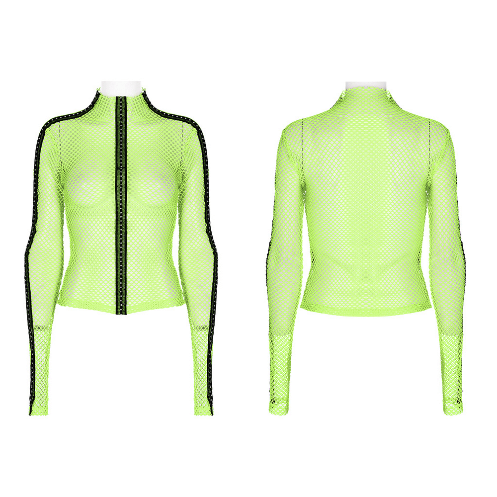 Neon-green openwork long sleeve top in gothic style with high neck and mesh texture.
