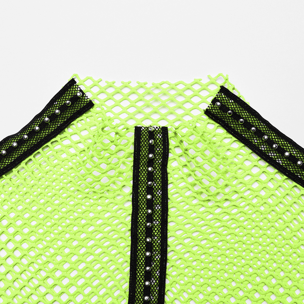 Close-up of neon-green openwork mesh top showcasing gothic style and elastic detailing.