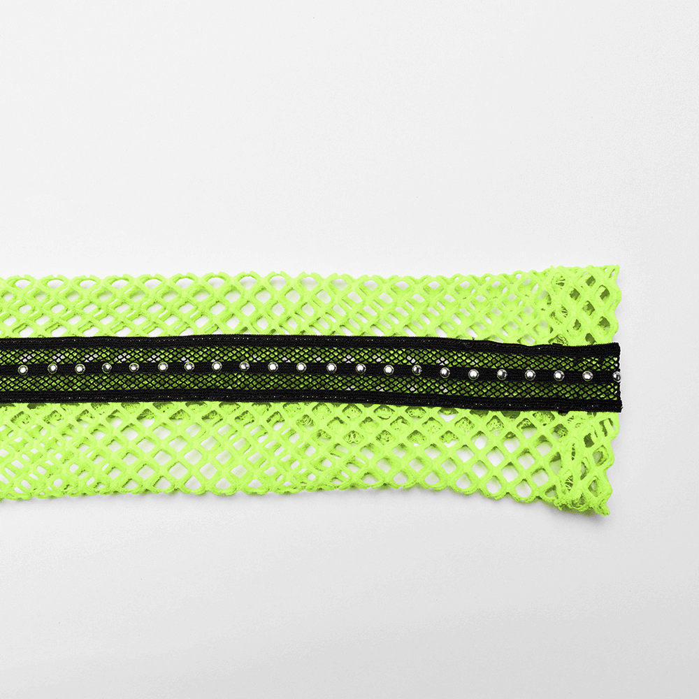 Neon-green elastic mesh fabric with black webbing and studs, perfect for gothic streetwear and punk fashion.