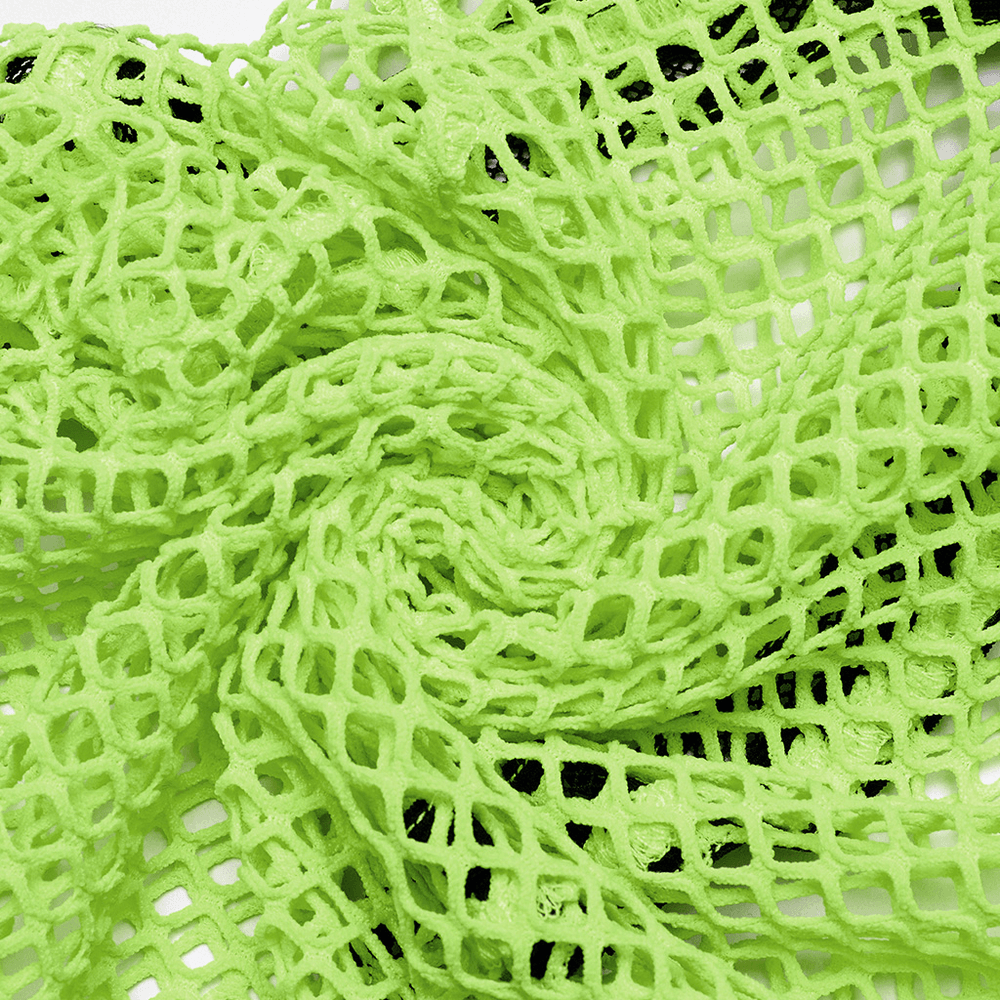 Close-up of neon-green elastic mesh fabric showcasing openwork design, perfect for gothic punk fashion.