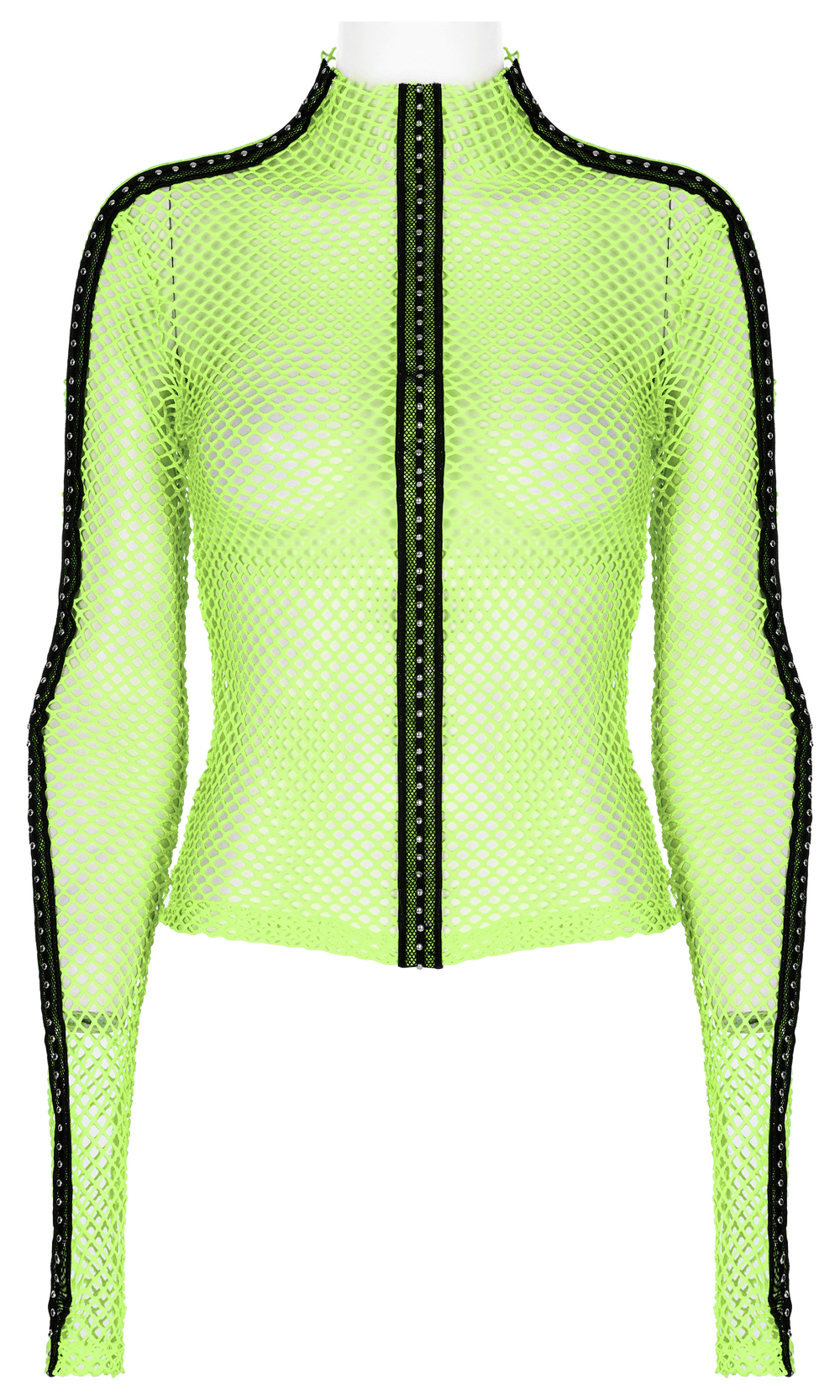 Neon green openwork top with long sleeves in gothic style, featuring elastic mesh and punk-inspired design.