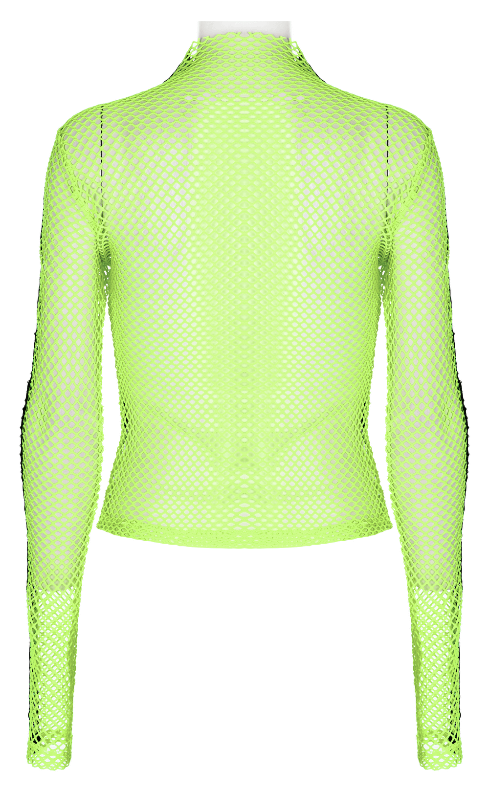 Neon green gothic fishnet high-neck top with long sleeves, showcasing edgy punk streetwear style.