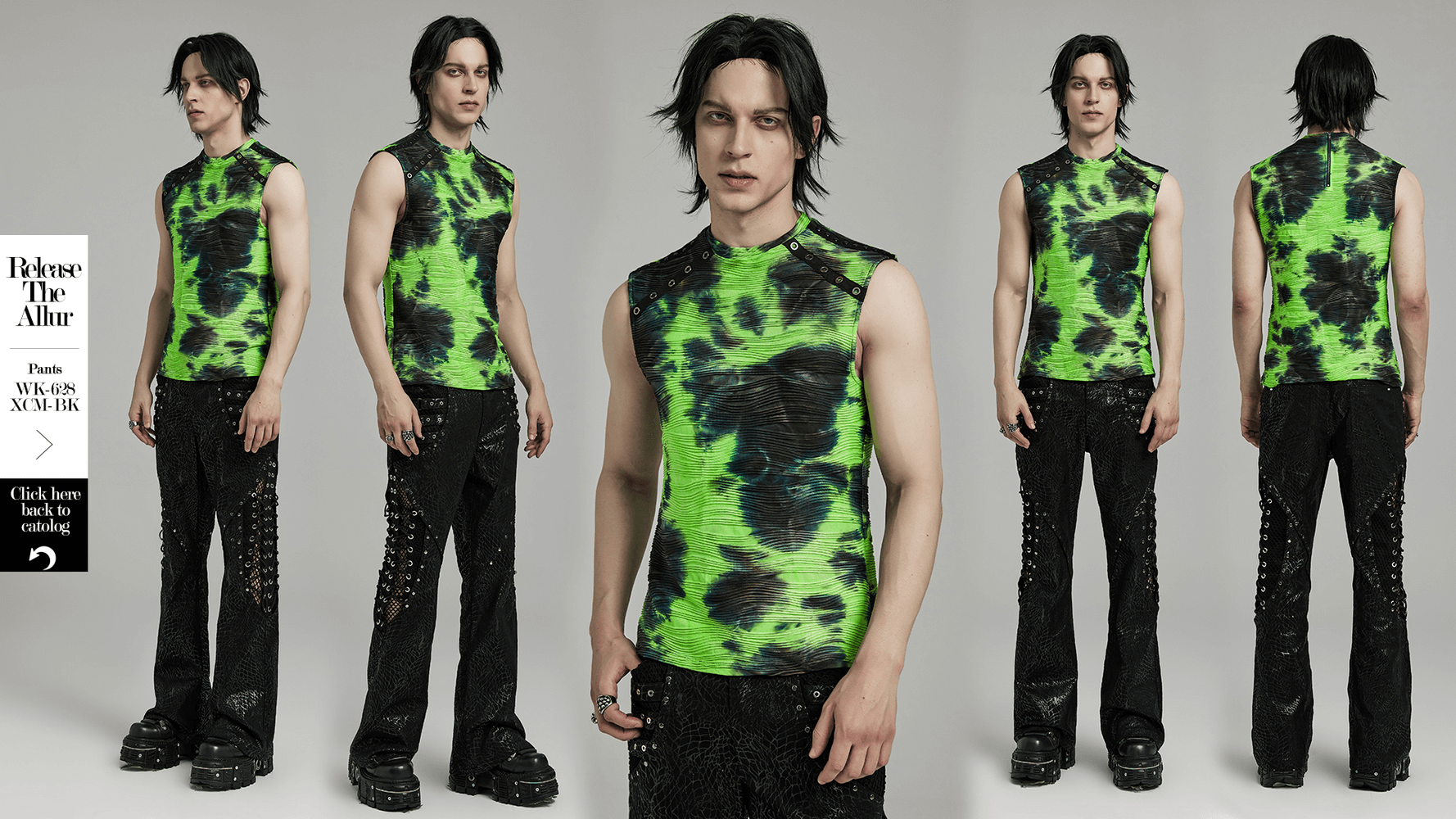 Neon green tie dye sleeveless tank top with rivet details, showcasing a fitted look for alternative street style.