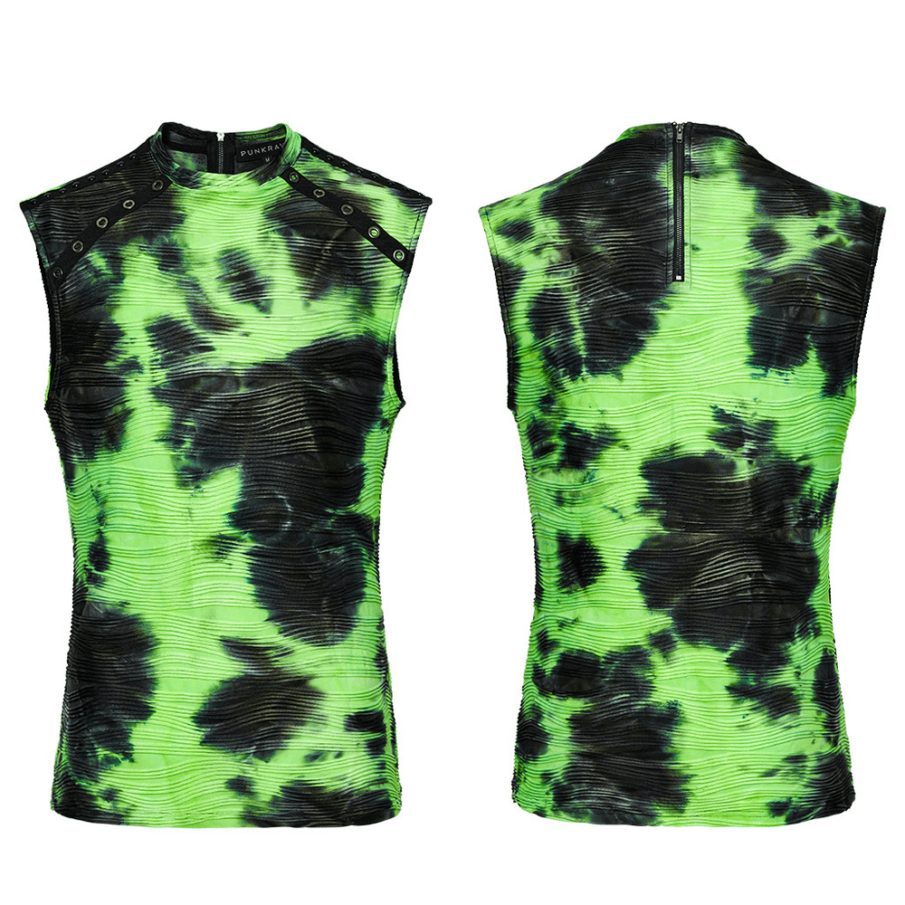 Neon green tie dye sleeveless tank top with edgy rivet details, perfect for cyber and rave fashion.