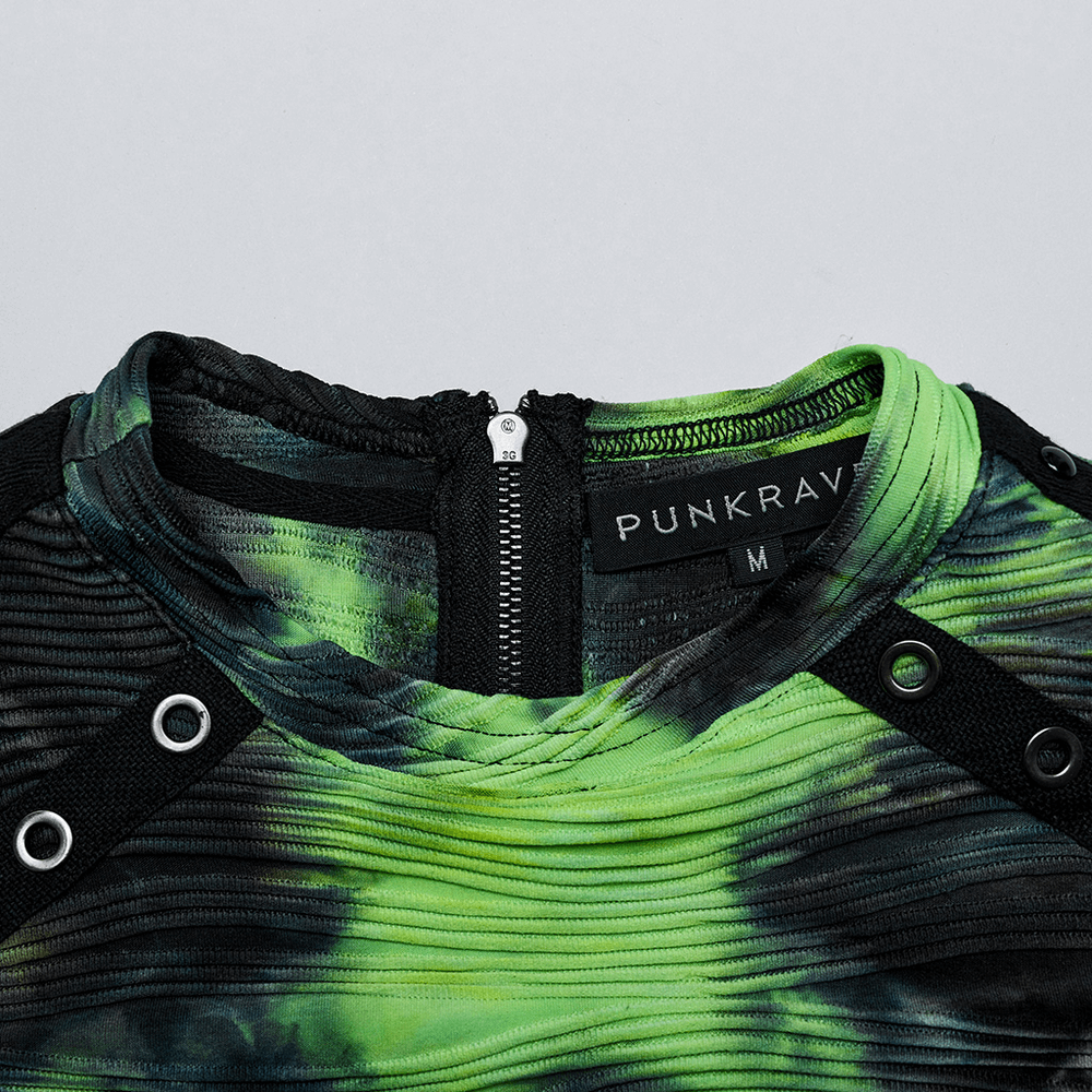 Close-up of neon green tie-dye sleeveless tank top with rivet details and zipper closure, featuring edgy alternative style.