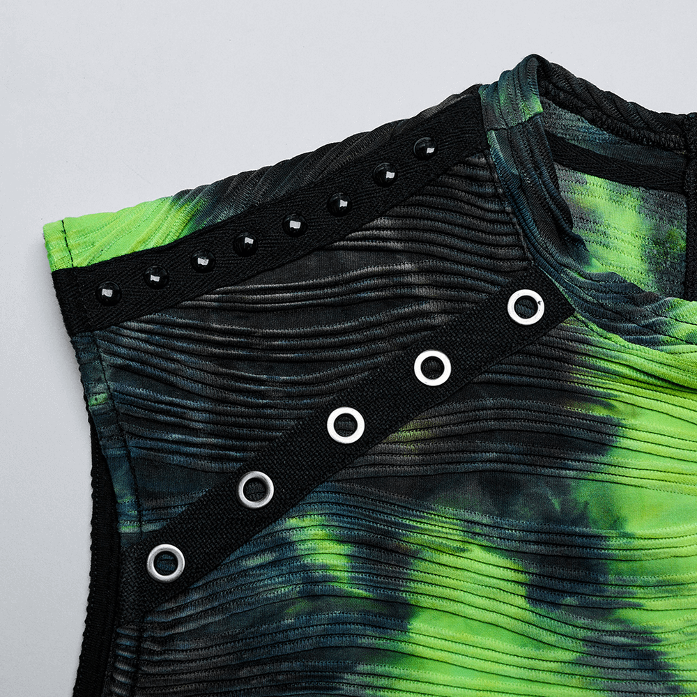Close-up of neon green tie-dye tank top with rivet details and unique fabric texture.