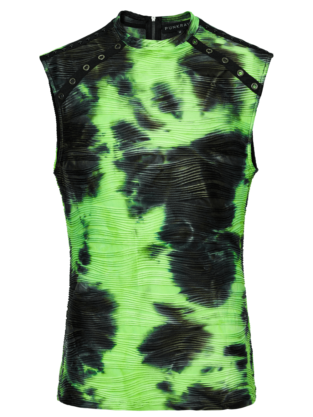 Neon green tie dye sleeveless tank top with edgy rivet accents for cyber and alternative street style.