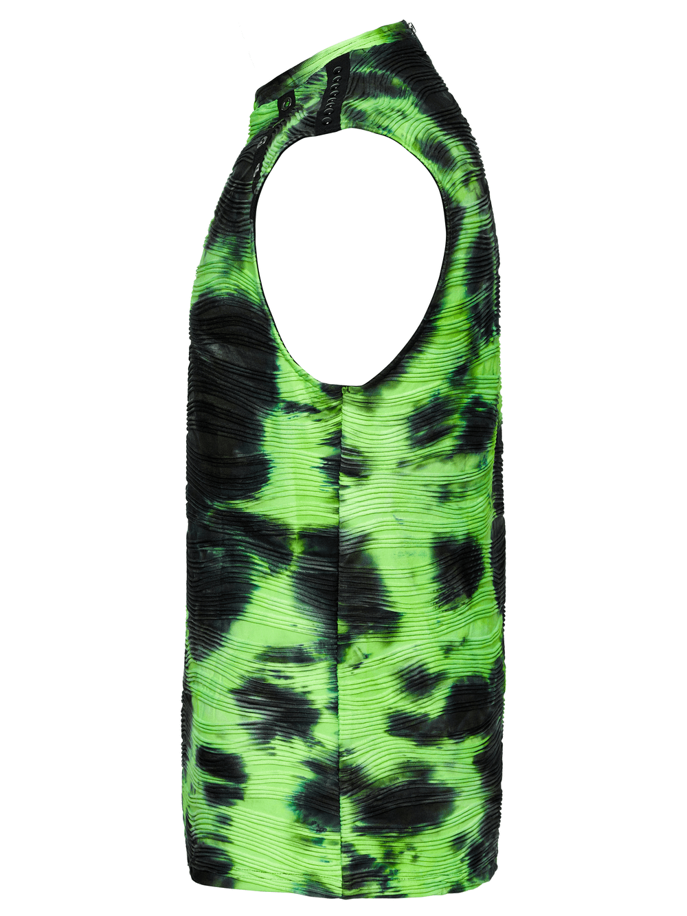 Neon green tie dye sleeveless tank top with unique pattern and edgy rivet details, perfect for cyber and alternative style.