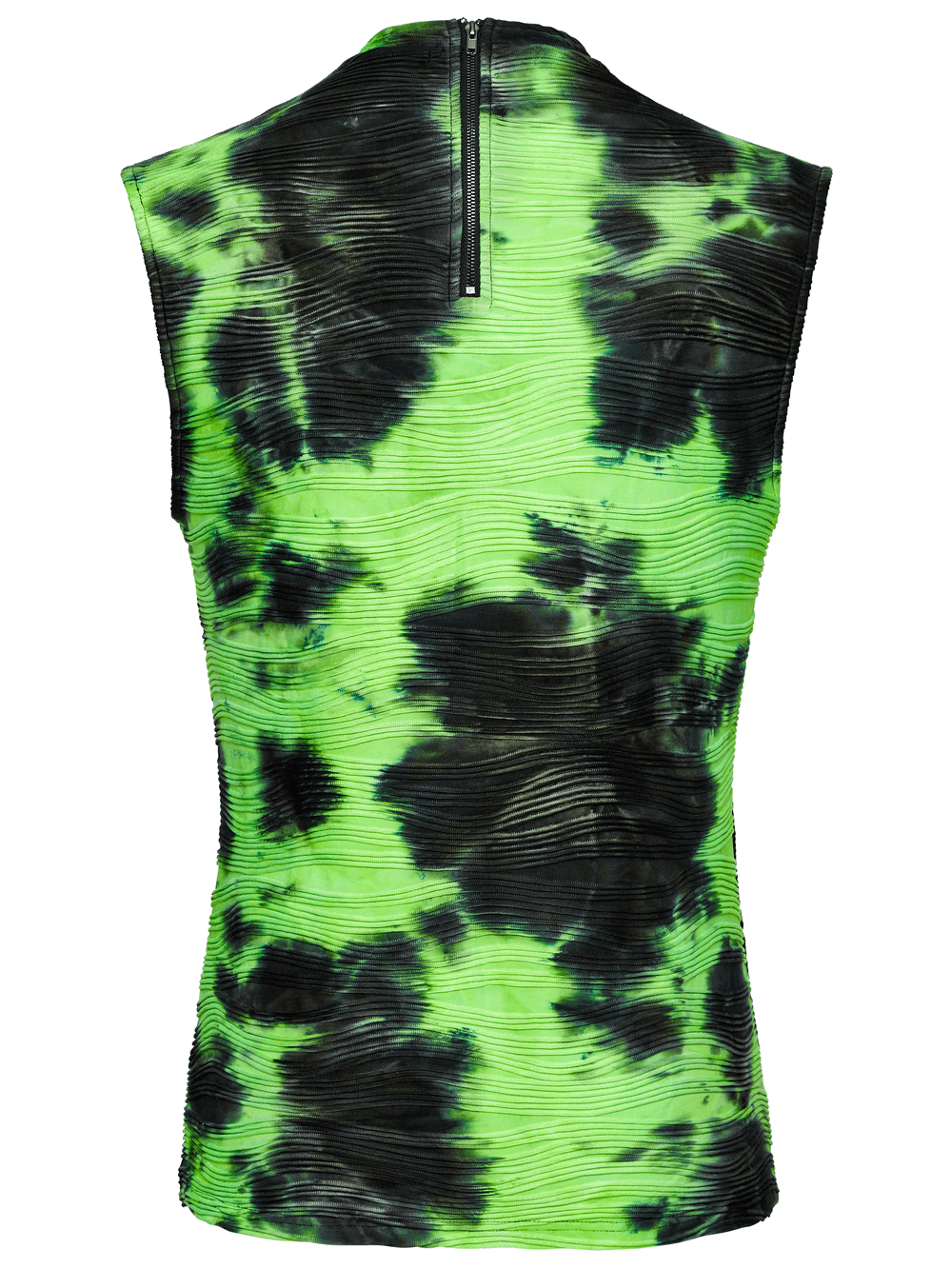 Back view of a neon green tie dye sleeveless tank top with unique black patterns and a zip closure.
