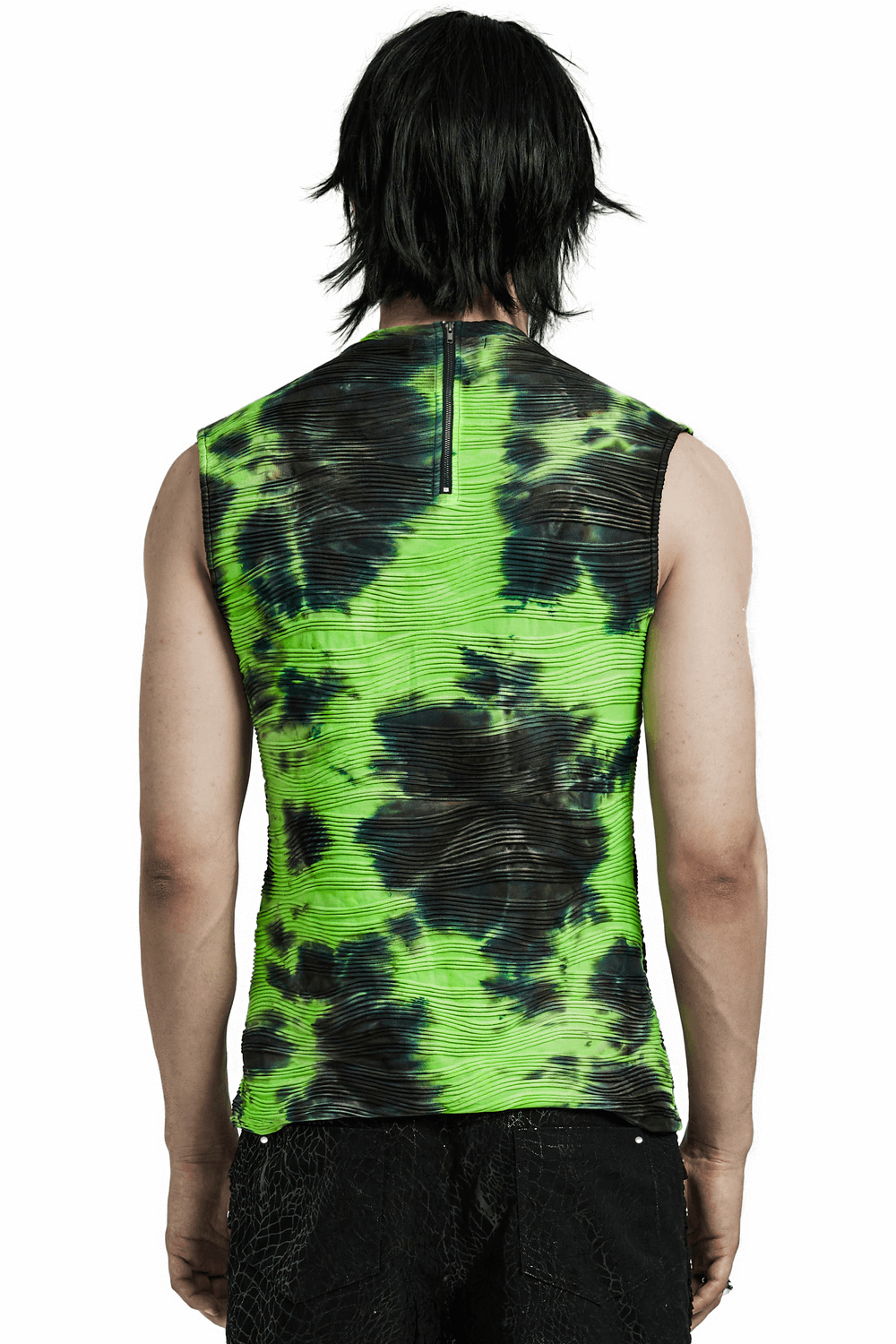 Back view of neon green tie dye sleeveless tank top featuring unique patterns and rivet details, perfect for alternative styles.