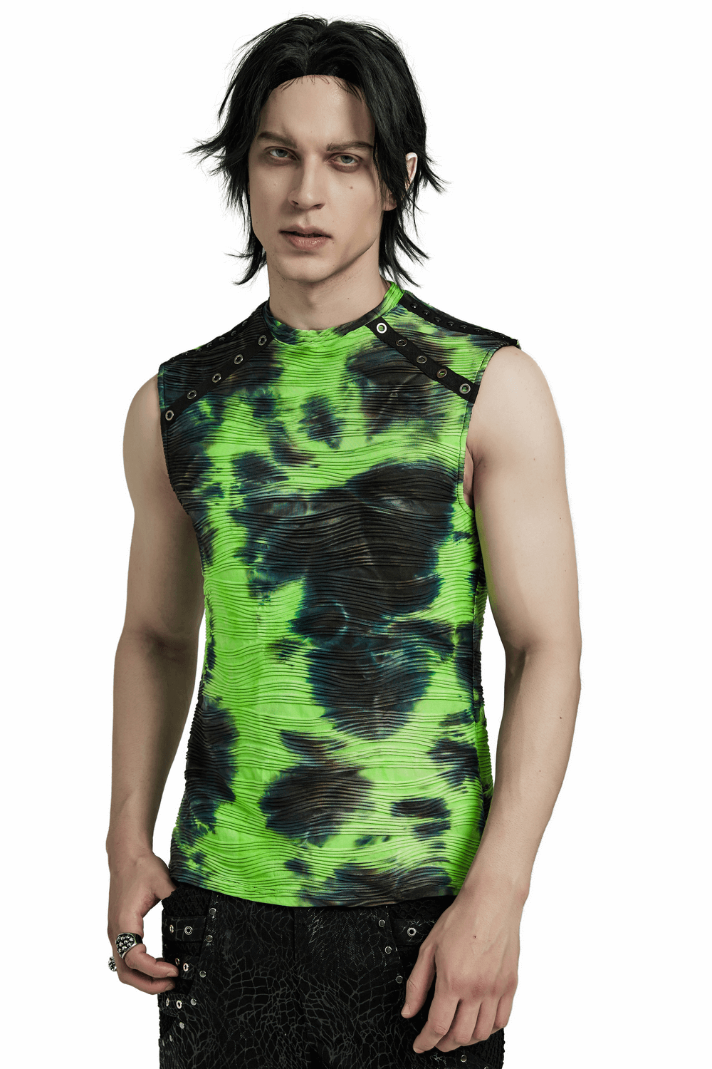 Neon green sleeveless tie dye tank top with edgy rivet details, perfect for alternative street style and rave outfits.