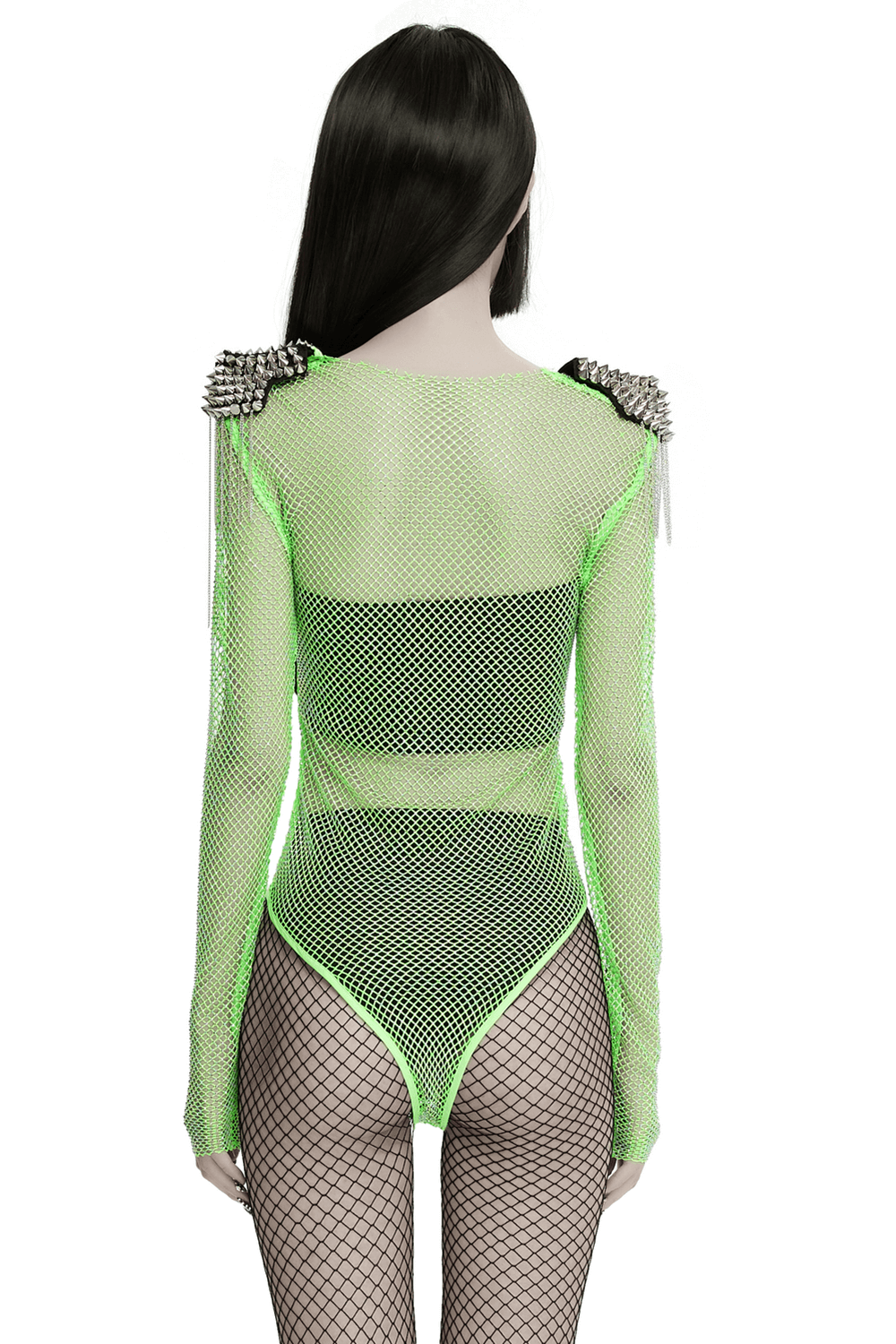 Back view of a neon mesh bodysuit with detachable spike shoulder patches, perfect for edgy cyberpunk fashion.
