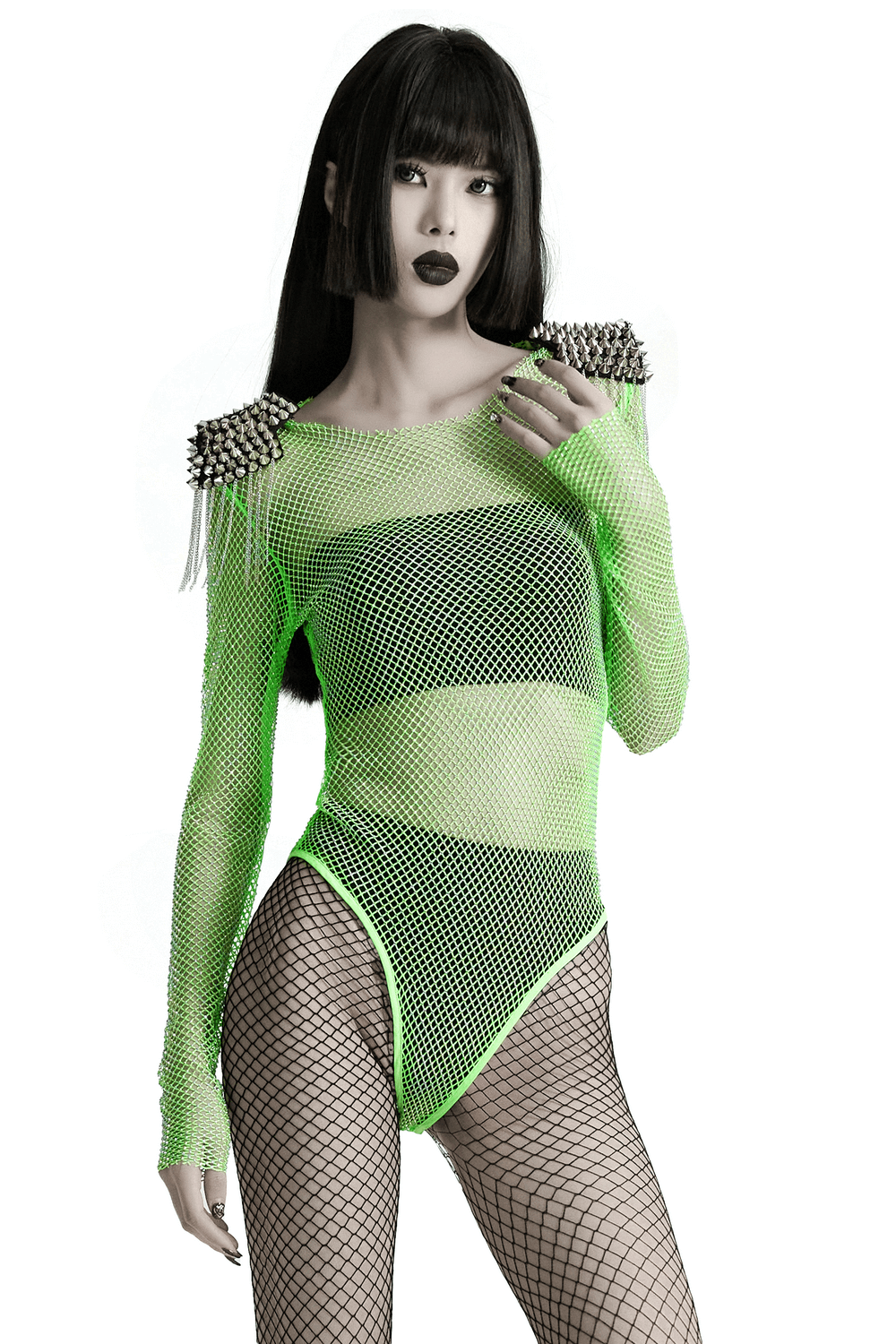Neon mesh bodysuit with detachable spike patches, perfect for cyberpunk fashion and edgy looks.