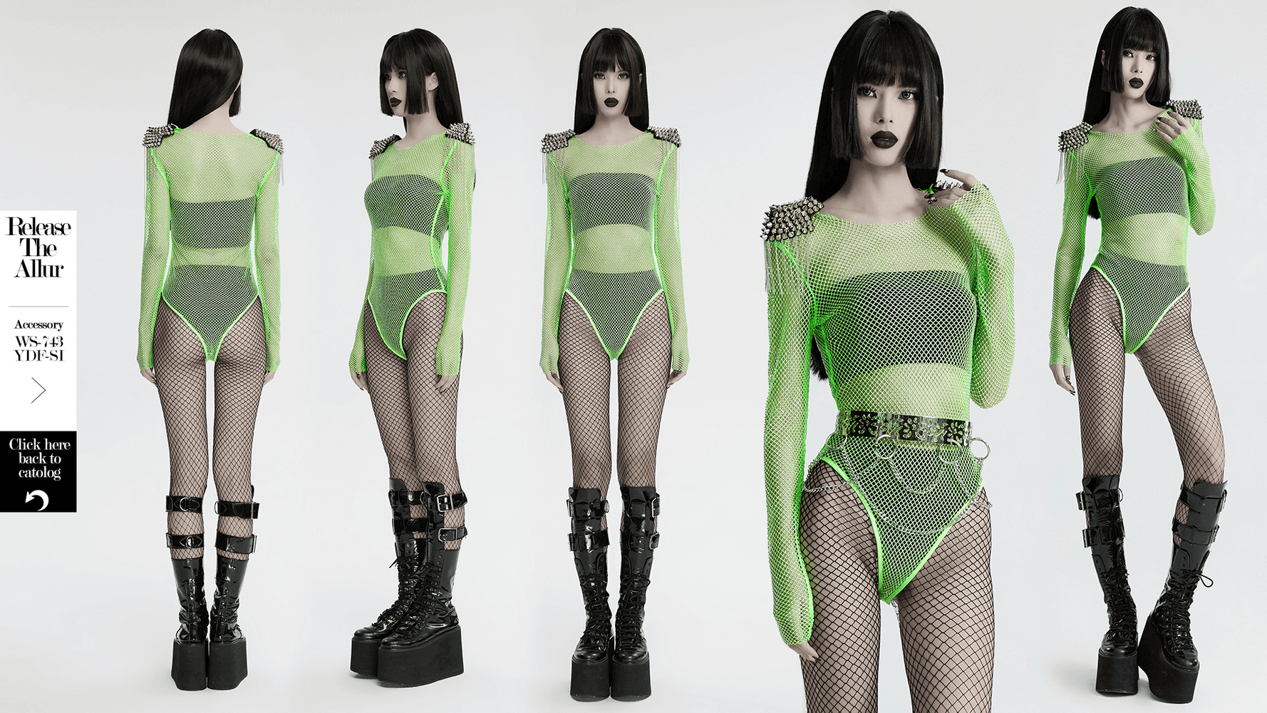Neon mesh bodysuit with detachable spike shoulder patches in a futuristic cyberpunk style.